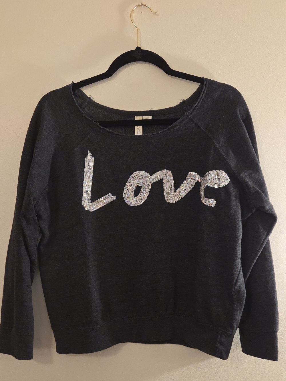 'Love' Sequin Charcoal Grey Sweatshirt By Feathers Women Medium